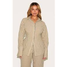 Vida Skjortor PrettyLittleThing Shape Olive Striped Lace Up Cinched Back Button Front Shirt