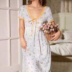 Yellow Nightgowns Shein V-Neck Short Sleeve Nightgown With Ditsy Floral - Color Block