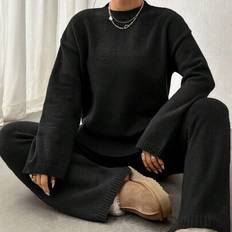 Women Suits Shein Solid Color Long Sleeve Sweater Knitted Pants Set