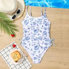 Florals Swimwear Shein Tween Girl Vintage Floral Print One-Piece Swimsuit - Beach