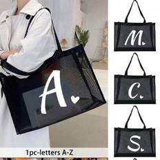 Black Beach Bags Shein Love Print Initial A-Z Mesh Beach Handbag - Foldable