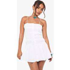 Dresses on sale boohoo Womens Cotton Shirred Bandeau Button Mini Dress - White