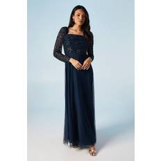 Long Dresses - Sequins Coast Sequin Long Sleeve Corset Tulle Bridesmaids Dress - Navy