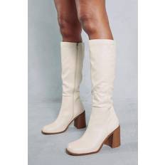 Misspap Leather Look Square Toe Knee High Boots - White