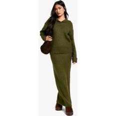 Green - Women Suits boohoo Soft Knit Thick Rib Collar Detail Jumper Skirt Set - Green