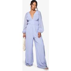 boohoo Chiffon V Neck Ruched Wide Leg Jumpsuit - Blue