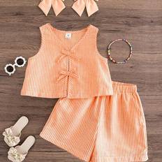 Stripes Other Sets Shein Young Girl Set Woven Striped Round Neck Top Shorts