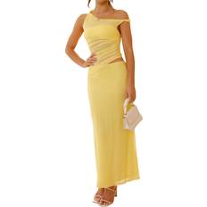 Breathable - Women Suits Kopinma Sleeveless Asymmetrical Mesh Tank Crop Top Skirt Set - Yellow
