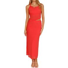 Breathable - Women Suits Kopinma Sleeveless Asymmetrical Mesh Tank Skirt Set - Red