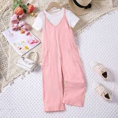 Cotton - Girls Jumpsuits Shein Young Girls Solid Color Sleeveless Jumpsuit