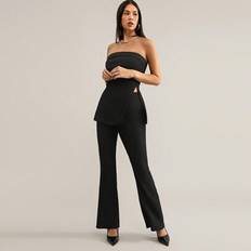 Black Suits Shein Solid Color Vacation Style Tube Top High-Slit Flare Pants - Black