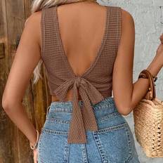 Brown - Women Tank Tops Shein Women Open Back Tie Hem Crop Tank Top