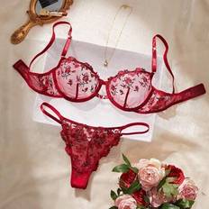 Lingerie Sets Shein Heart Stone Decor Embroidered Lingerie Set - 2pcs