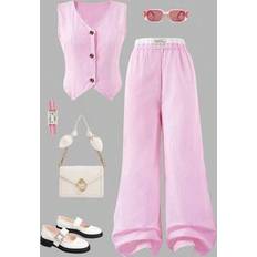 Children's Clothing Shein Tween GirlsSet V-Neck Sleeveless Top Tank Contrast Waist Wide Leg Pants - Casual