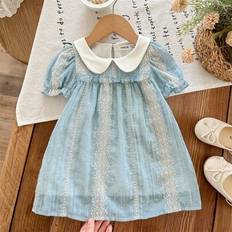 Children's Clothing Shein Babygirl Cute Holiday Blue Peter Pan Collar Loose Mini Dress