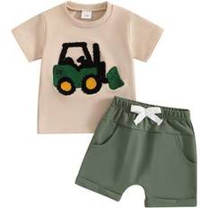 Children's Clothing Shein Toddler Baby Boy Summer Clothes Set Truck Embroidery Short Sleeve T-Shirts - Solid Elastic