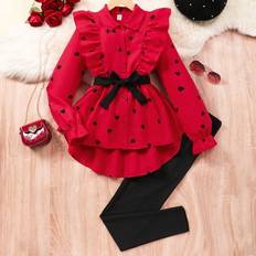 Girls - Red Other Sets Shein Tween Girl Heart Print Belted Long Sleeve Shirt Set