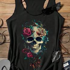 Florals Tank Tops Shein Casual Floral Skull Pattern Tank Top - Suitable For Summer