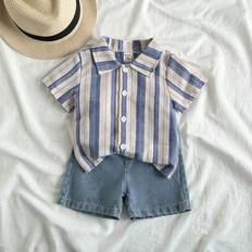 Children's Clothing Shein Baby Boy Casual Outfit Set Collared Short Sleeve Striped Shirt - Spring/Summer