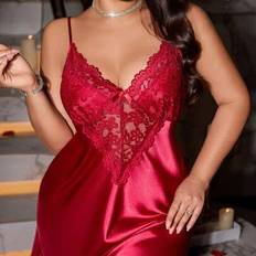 Satin Nightgowns Shein Plus Size Women Lace Patchwork Waist Hollow Out Sexy Satin Camisole Nightdress