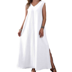Polyester Swimsuit Cover-Ups & Sarong Wraps Kopinma Tank Maxi A-Line V-Neck Sleeveless Beach Dress - White