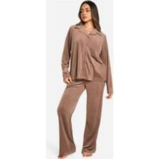 Fleece - Women Sleepwear boohoo Velour Fleece Button Up Trouser Pj Set - Brown