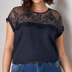 Lace Shirts Shein Plus Size Plain Color Lace Patchwork Sleeve Shirt - Summer