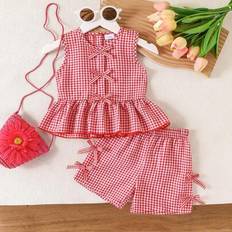 Shein Young Girl Sweet Checkered Bow Ruffle Sleeveless Top Shorts Set - Summer