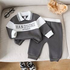 6-9M - Boys Other Sets Shein Baby Boys Casual Color Block Letter Embroidered Polo Collar Sweatshirt Set - Cute
