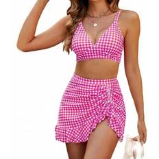 Checkered - Women Bikini Sets Shein Bikini Swimsuits Plaid Sleeveless Padded Bra - High Waist