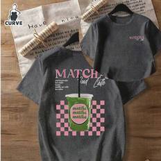 Checkered T-shirts Shein Plus Size Women Casual Matcha Print Neck Short Sleeve T-Shirt
