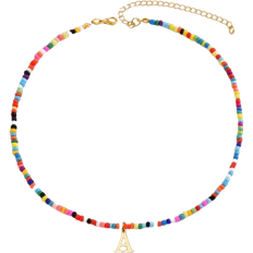 Shein 1pc Fashion Elegant Lady Style Gold Stainless Steel 26 Letter Pendant, Colorful Plastic Beaded Adjustable Elastic Necklace, Perfect Gift For Girlfriend, Wife, Mother, Family And Friends, Suitable For Beach, Travel And Daily Wear