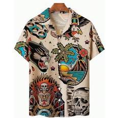 Leopard - Men Shirts Shein Leopard Skull Beach Vacation Printed Short Sleeve Shirt - Khaki
