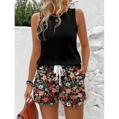 Multicoloured - Women Suits Shein Casual Retro Floral Print Neck Tank Top Shorts Set - Women