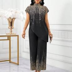 Women - Wool Suits Shein Women Stand Collar Allover Print Asymmetrical Hem Short Sleeve Top Long Pants - Elegant