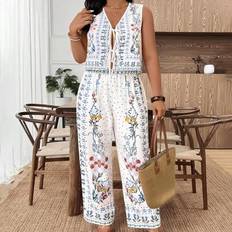 Florals - Women Suits Shein Floral Print Bowknot Spaghetti Strap Top And Pants Set - Minimalist