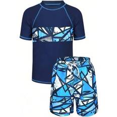 Shein Tween Boys Swimwear Set Short Sleeve Rash Guard Top Beach Shorts - For Summer