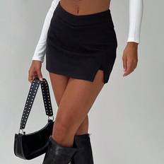 Black - Short Skirts Shein Solid Color Pleated Side Slit Hem Casual Skirt