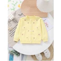 Yellow Cardigans Children's Clothing Shein Baby Girls Knitted Round Neck Floral Cardigan