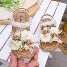 Beige Sandals Shein Girls Stylish Cute Flower Pearl Open Toe Sandals - Outdoor
