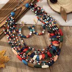 Wood Jewellery Sets Shein Boho Style Colorful Wooden Multilayers Necklace Earrings Set