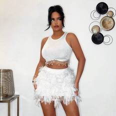 White - Women Suits Shein Faux Pearl Fringe Vest And Sequin Mini Skirt Set
