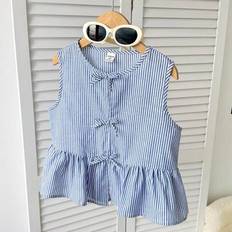 Stripes Tank Tops Children's Clothing Shein Tween Girls Casual Everyday Striped Bow Decor Tank Top