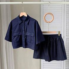 Cotton - Women Suits Shein Plus Size Front Button Short Sleeve Blouse - Blue