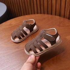Brown Sandals Shein Anti-Slip PU Strap Sandals With Hook And Loop Closure