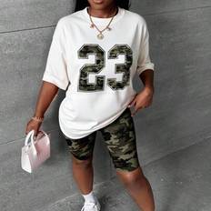 Camouflage Suits Shein Set Plus Size Camo 23 Number Graphic Round Neck Short Sleeve Top - Casual