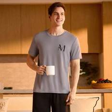 Checkered - Men Sleepwear Shein Letter Print Round Neck Short Sleeve Pajama Shirt
