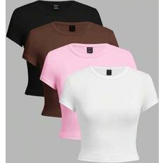Flare T-shirts Shein Plus Size 4pcs Solid Color Short Sleeve Fitted T-Shirt - Suitable