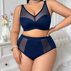 Lingerie Sets Shein Plus Size Simple Soft Daily Wear Wireless Bra Panty Set - Navy Blue