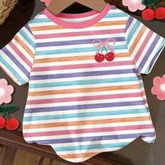Stripes T-shirts Shein Colorful Striped Bow Cherries Print Adorable - Cute